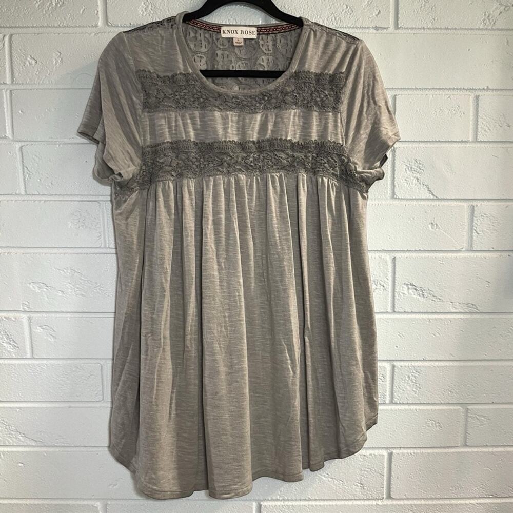 Knox Rose Babydoll Tunic Top Large Gray Crochet Lace Boho Cottagecore